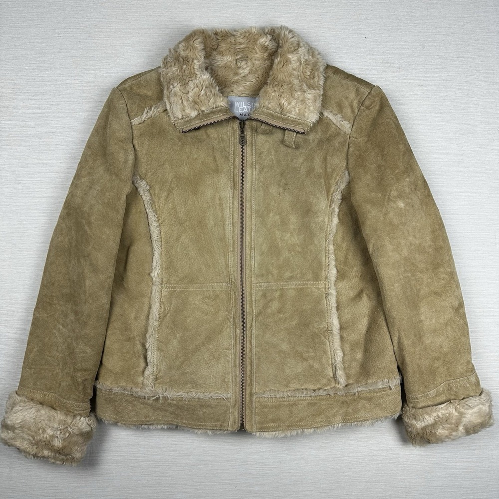 Vtg 90s Wilsons Leather MAXIMA Suede Moto Jacket Shearling Women L Beige - Picture 1 of 13